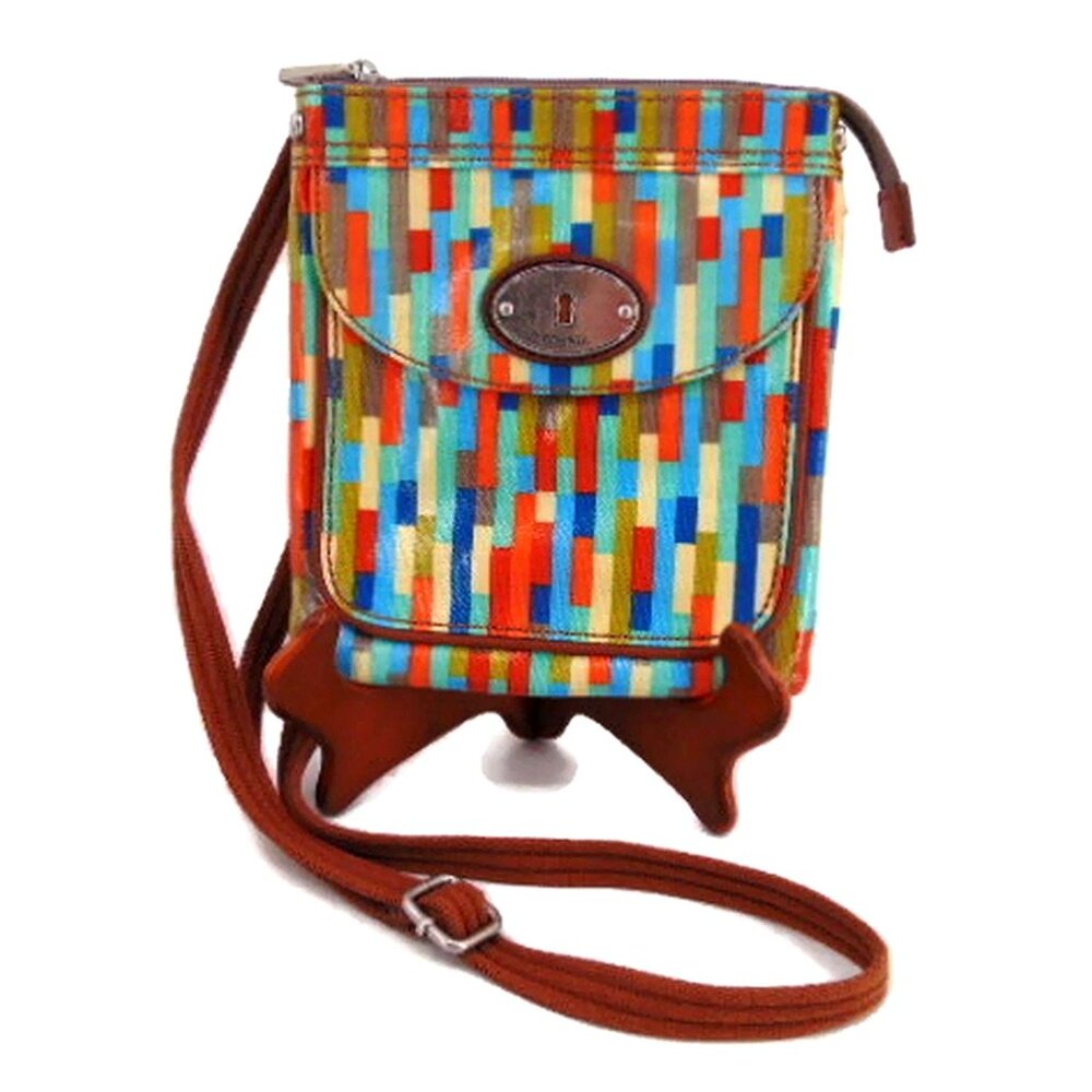 Fossil Key Per Coated Canvas Crossbody Bag Purse Orange Teal Blue Geometric